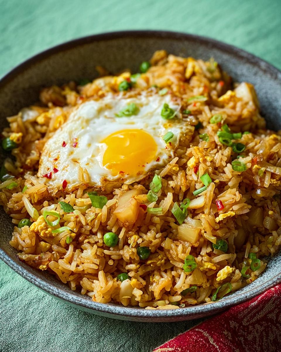 A close-up of a bowl of 7-ingredient egg fried rice topped with a perfectly fried egg and green onions.