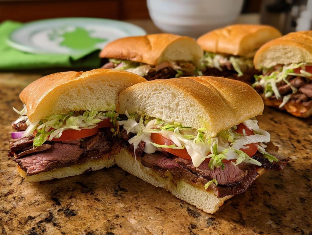 Close-up of a hearty steak sandwich with tomatoes, lettuce, and onions, part of 7-Ingredient Sandwich Ideas Recipes.