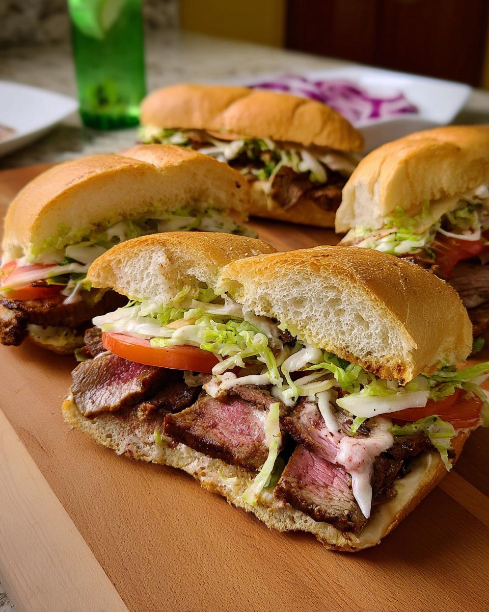 Close-up of a delicious steak sandwich with lettuce, tomato, and sauce, part of 7-Ingredient Sandwich Ideas Recipes.