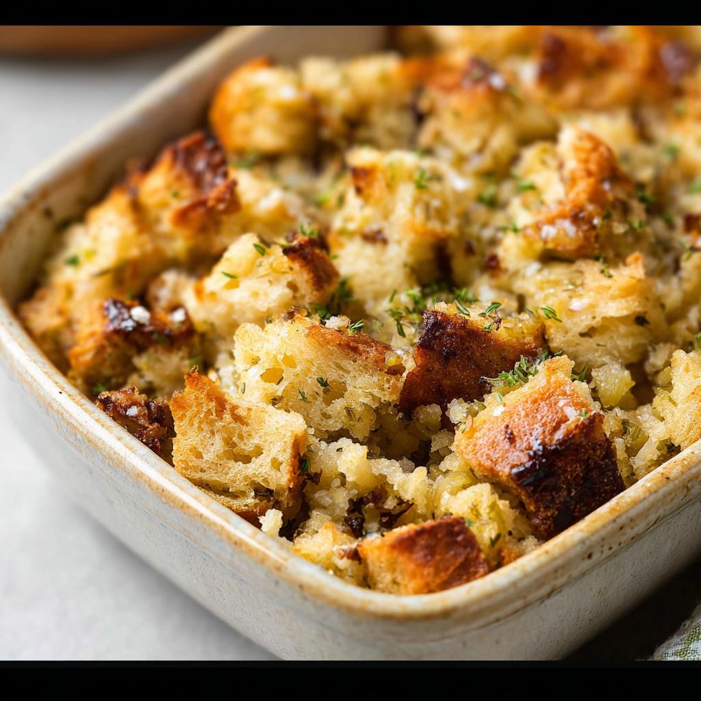 Close-up of a rustic baking dish filled with golden-brown 7-ingredient stuffing, garnished with fresh herbs.