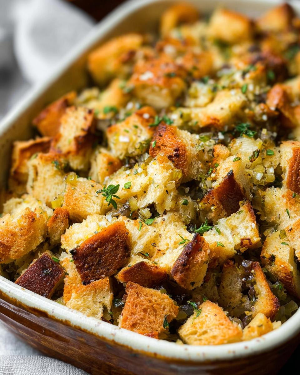 Close-up of a golden-brown, freshly baked 7-Ingredient Stuffing in a ceramic dish, garnished with herbs.