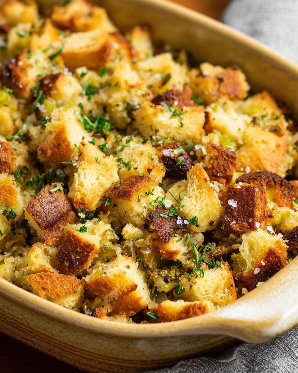 Close-up of a baking dish filled with golden-brown 7-Ingredient Stuffing, garnished with fresh herbs.