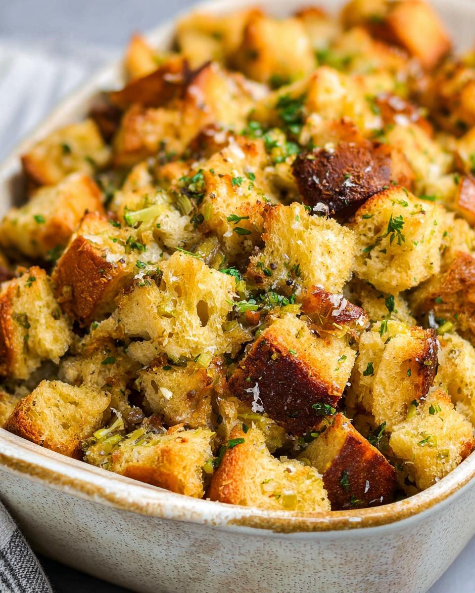 Close-up of a rustic baking dish filled with golden-brown cubes of bread, herbs, and vegetables for a 7-ingredient stuffing recipe.