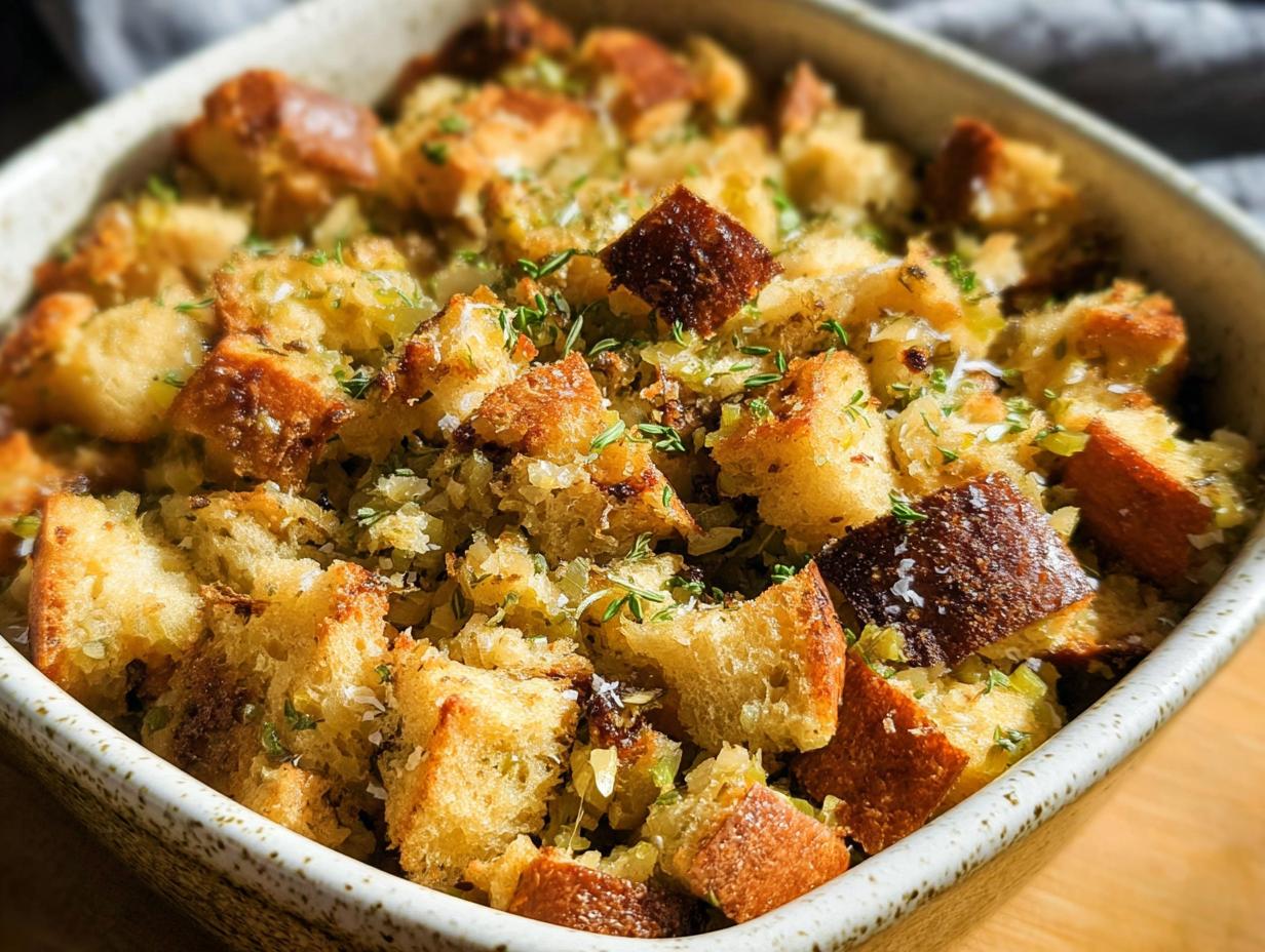 Close-up of a rustic baking dish filled with golden-brown, cubed bread stuffing, herbs, and seasonings.