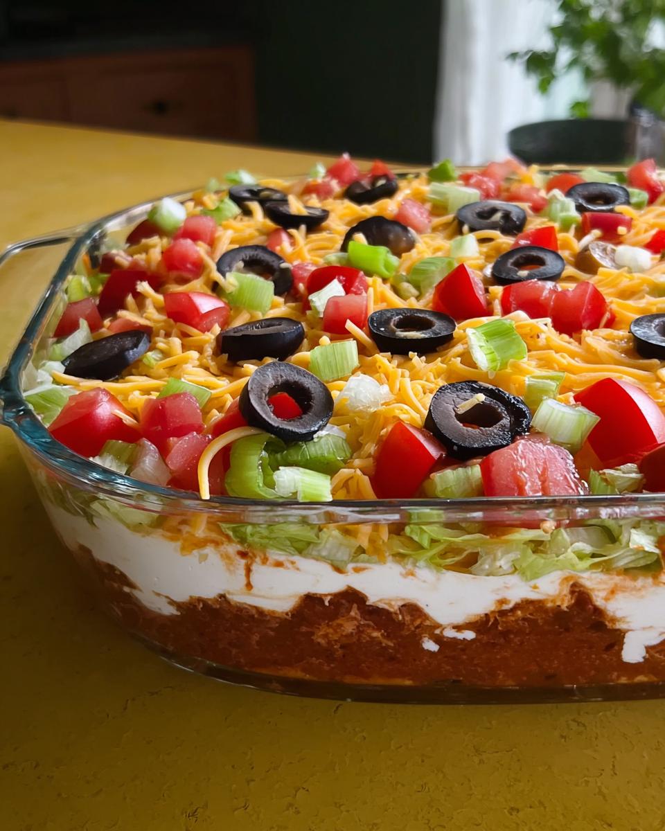 A delicious 7 layer taco dip, perfect for Taco Tuesday recipes, topped with cheese, olives, tomatoes, and green onions.