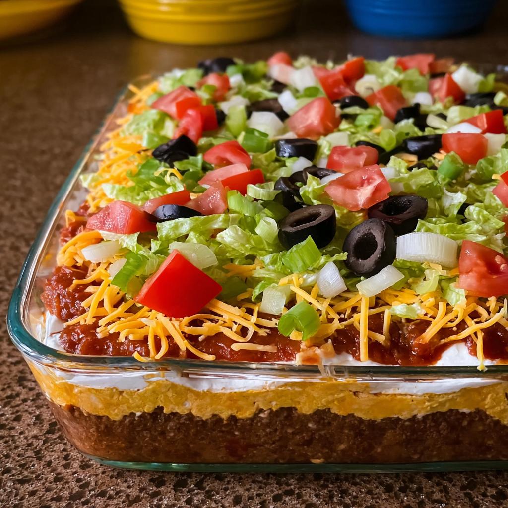 A close-up of a 7-layer taco dip, a perfect Taco Tuesday recipe, topped with lettuce, tomatoes, olives, and cheese.