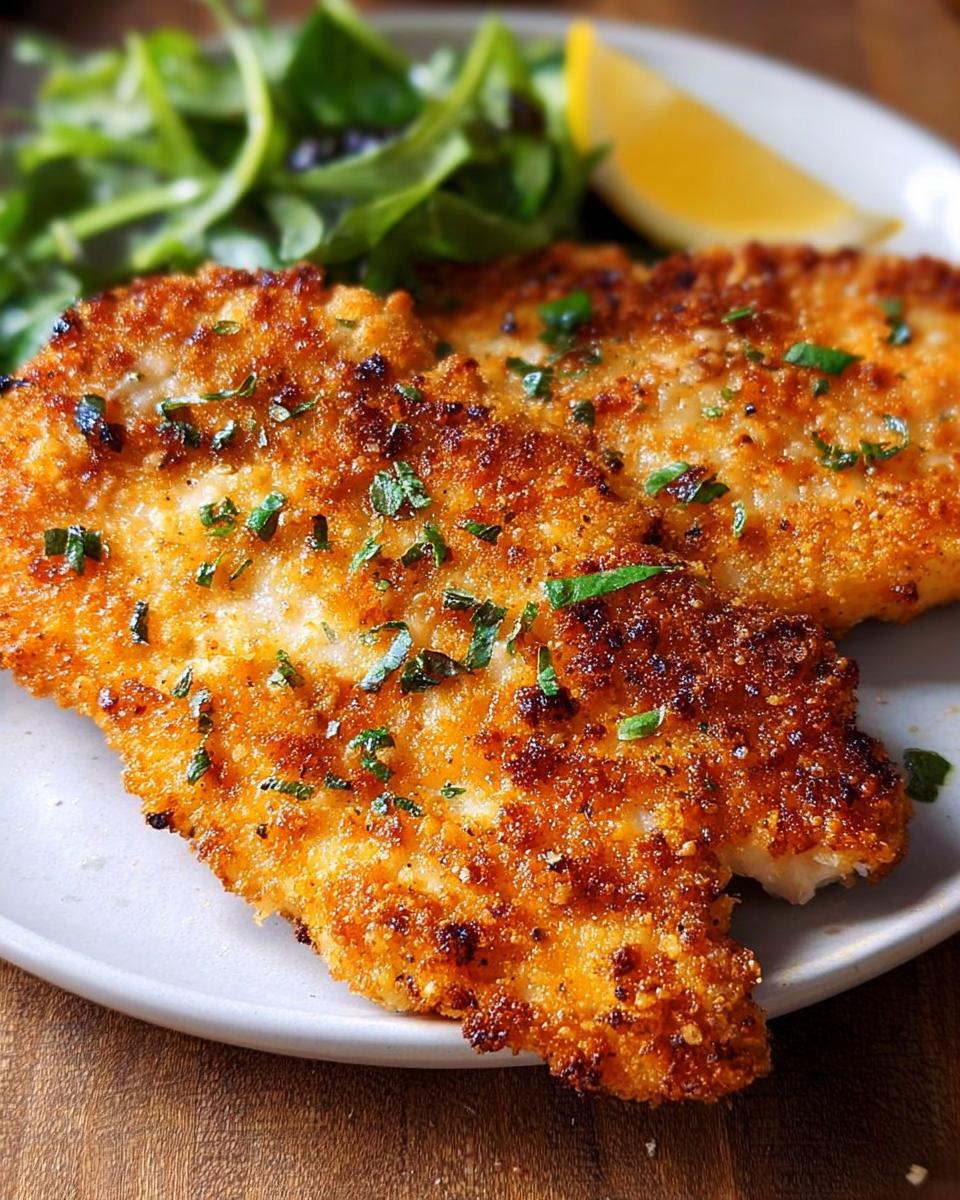 Close-up of a golden-brown, crispy air fryer chicken breast topped with fresh parsley, served with a side salad and lemon wedge.