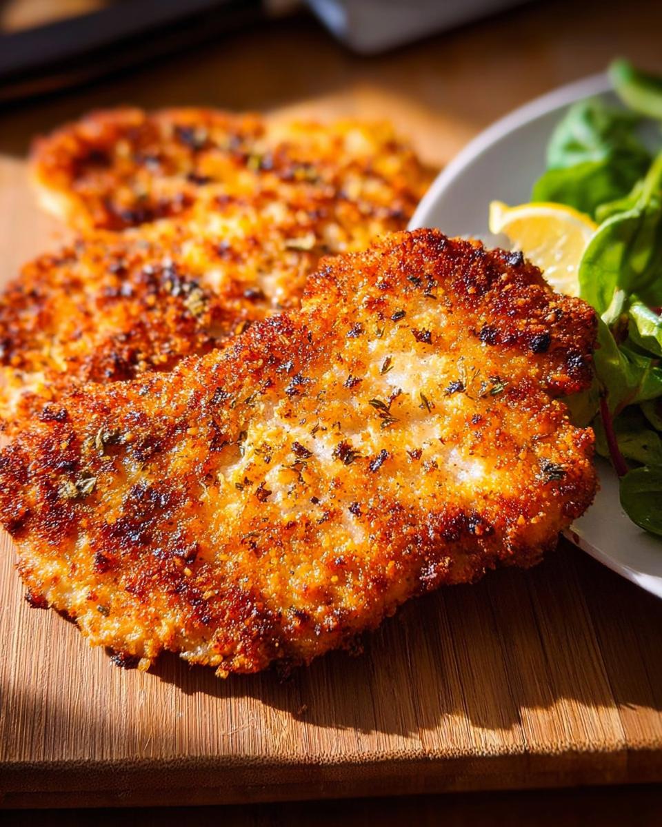Close-up of a perfectly golden-brown, crispy air fryer chicken breast with herbs, served with a side salad and lemon.