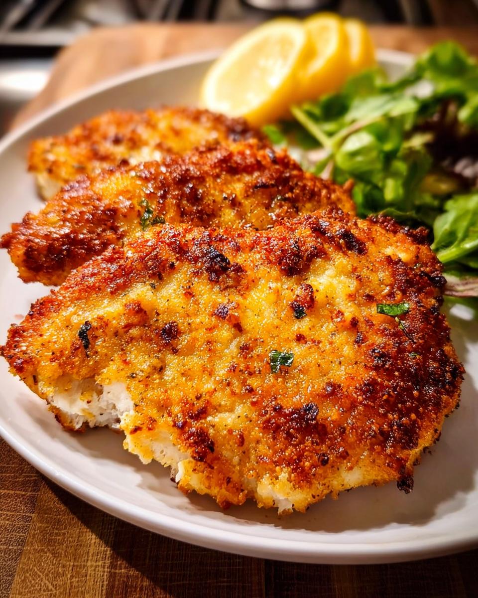 A close-up of two golden-brown, crispy air fryer chicken breasts served with a side of fresh green salad and lemon wedges.