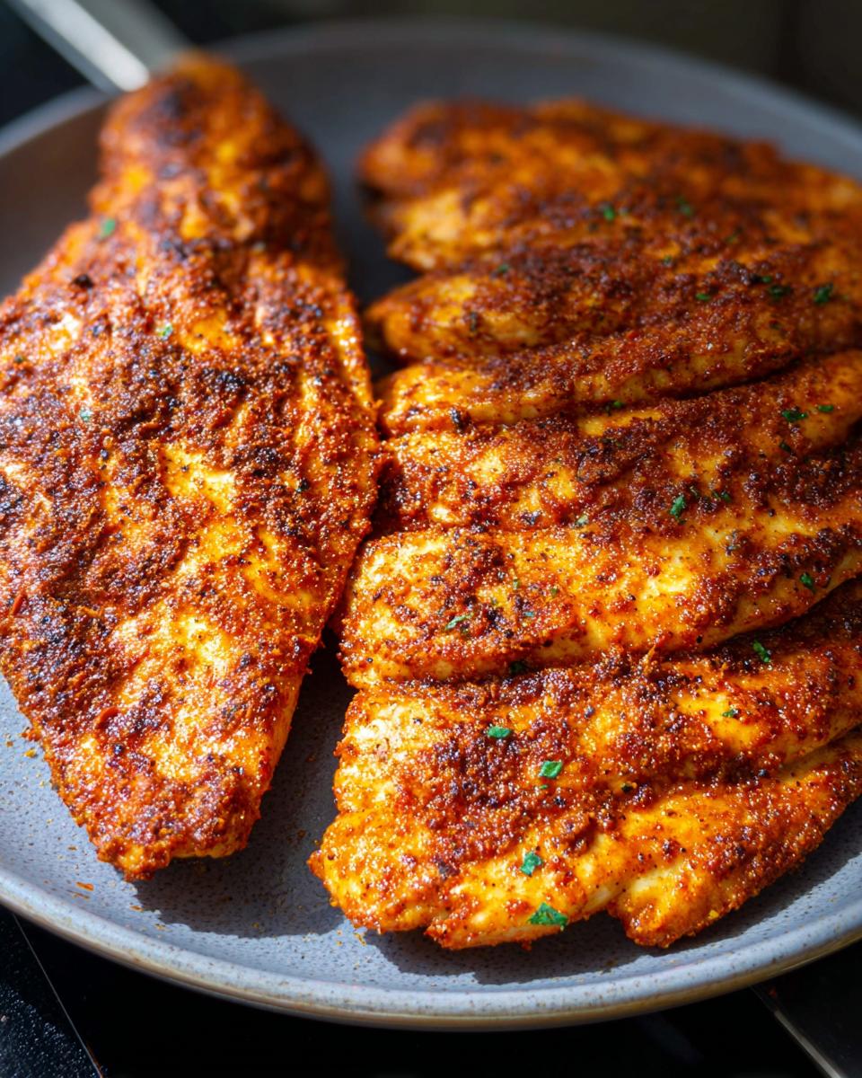 Close-up of perfectly seasoned air fryer chicken breast fillets on a gray plate, garnished with herbs.