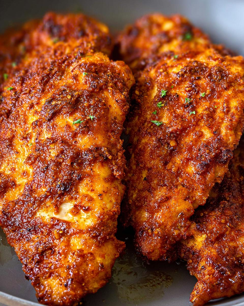 Close-up of seasoned and crispy air fryer chicken breasts, ready to be served.