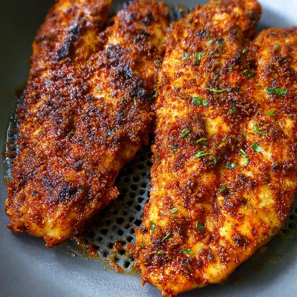 Close-up of three seasoned and crispy air fryer chicken breasts in a pan.