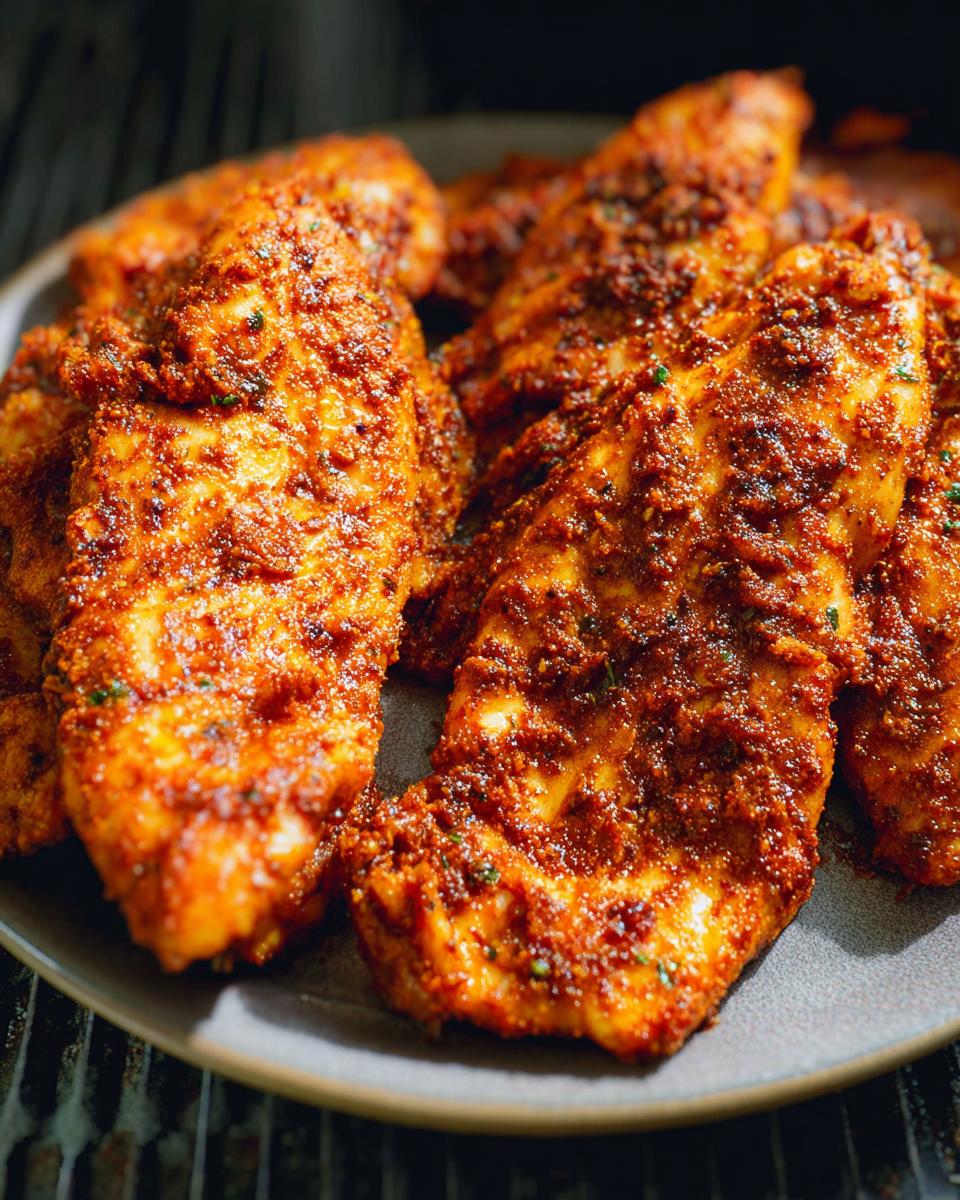 Close-up of seasoned air fryer chicken breasts on a plate, coated in a reddish-brown spice rub.