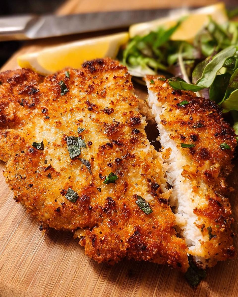 Crispy air fryer chicken cutlet, cut in half, served with lemon wedges and a side salad.