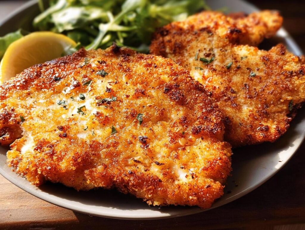 Close-up of golden-brown, crispy air fryer chicken breasts served with a lemon wedge and salad.