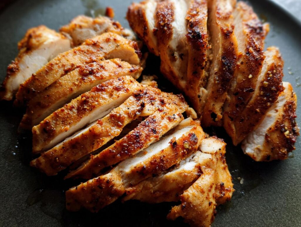Close-up of perfectly cooked, sliced air fryer chicken breast with a golden-brown, seasoned crust.