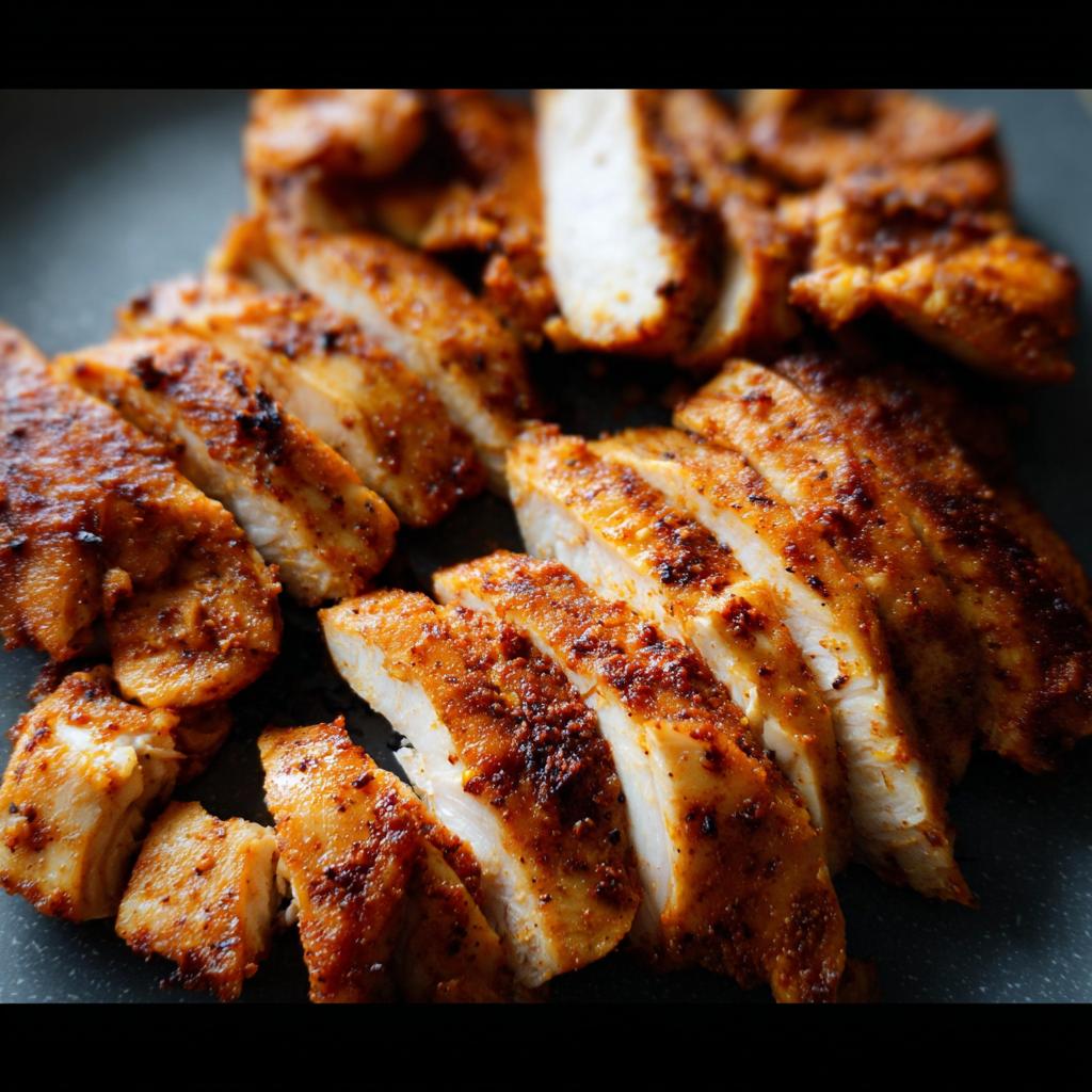 Close-up of perfectly cooked, sliced air fryer chicken breast with a crispy, seasoned exterior.