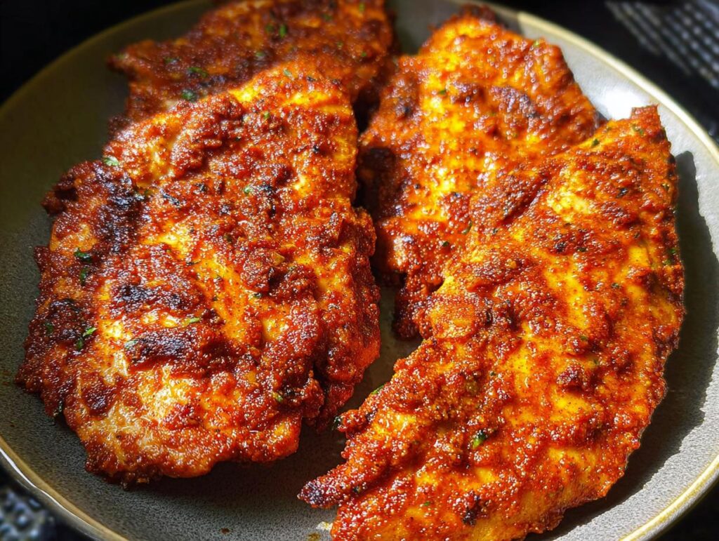 Close-up of air fryer chicken recipes, featuring juicy chicken breasts coated in a vibrant red spice rub.