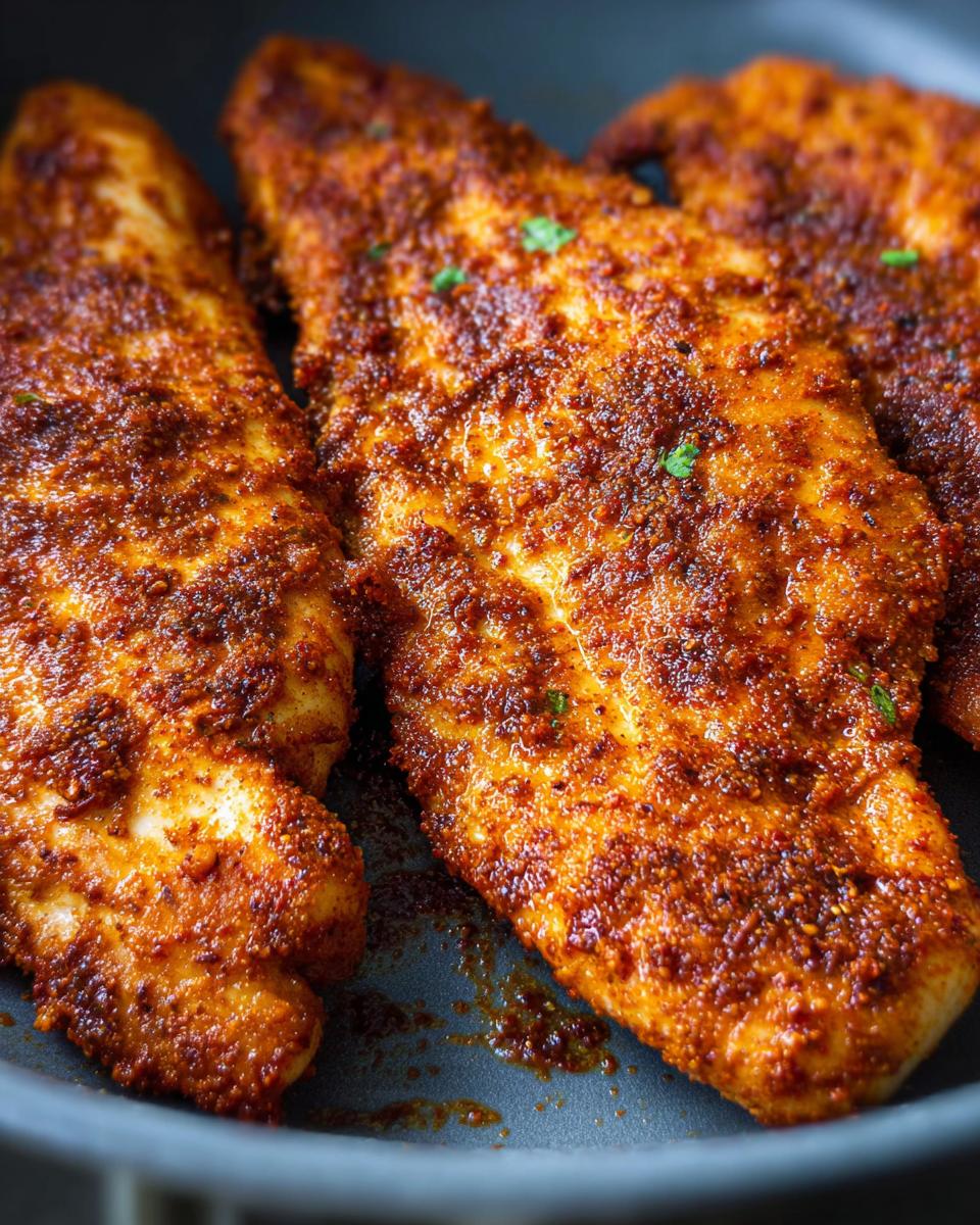 Close-up of three air fryer chicken breasts seasoned with a reddish-brown spice blend, ready to be cooked.