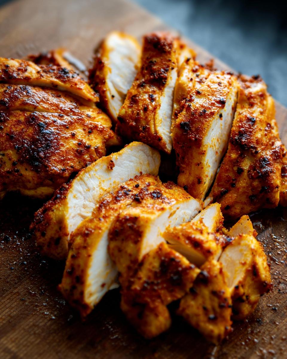 Close-up of sliced, seasoned air fryer chicken breast on a wooden cutting board. The chicken is golden brown and juicy.