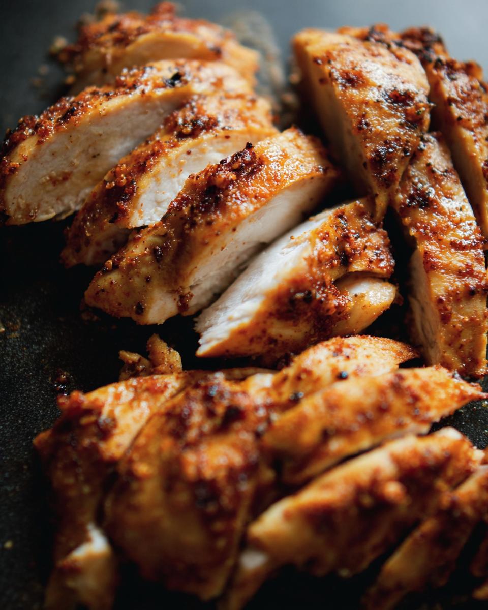 Close-up of sliced, seasoned air fryer chicken breast with a crispy, golden-brown exterior.