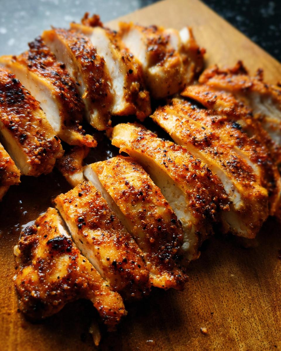 Close-up of perfectly sliced, crispy air fryer chicken recipes with a seasoned crust on a wooden board.
