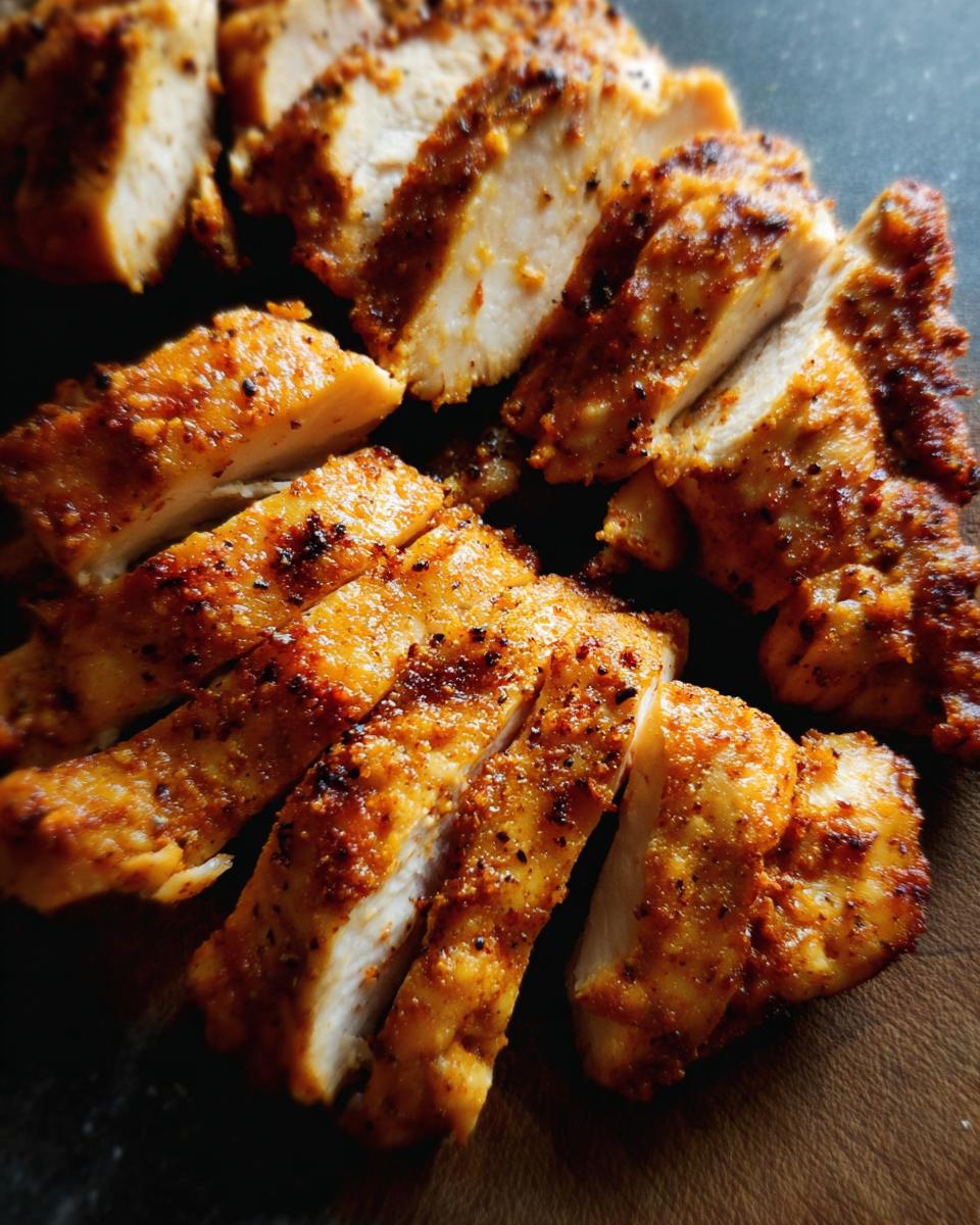 Close-up of sliced air fryer chicken, showing a golden-brown, seasoned crust and juicy white meat.