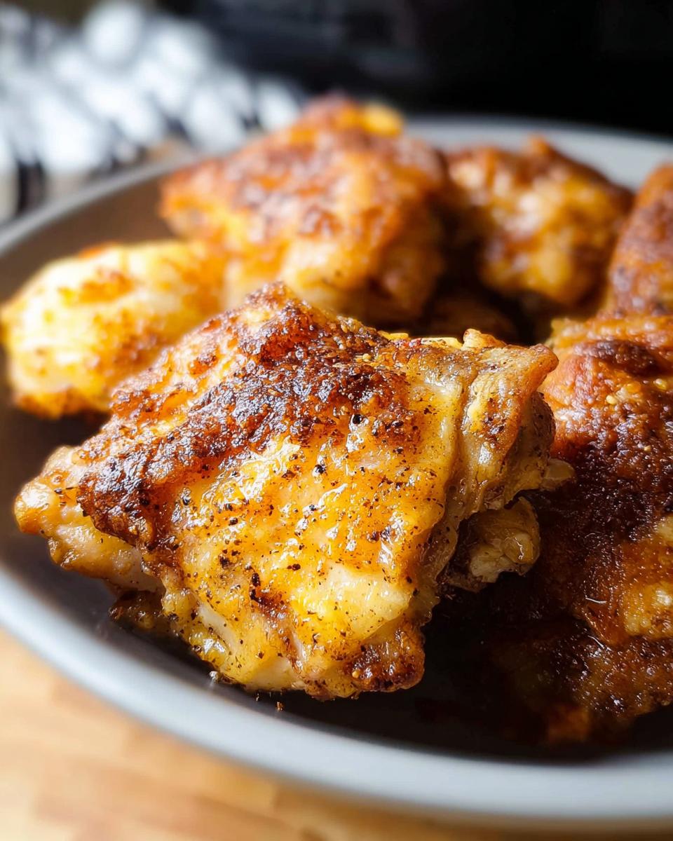 Close-up of perfectly seasoned and crispy air fryer chicken thighs on a plate.