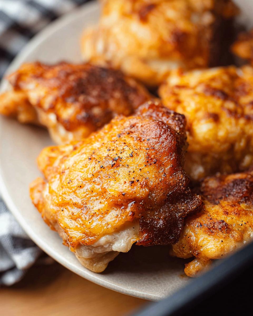 Close-up of golden brown, crispy air fryer chicken thighs seasoned with pepper.