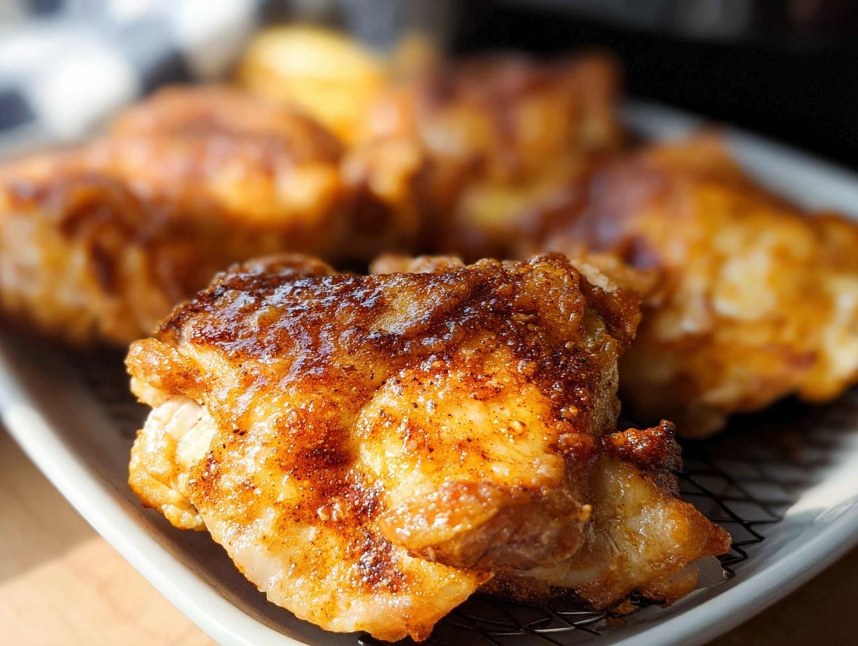 Close-up of golden brown, crispy air fryer chicken thighs seasoned with spices.