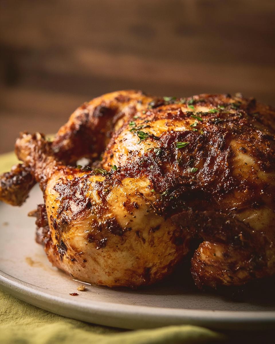 A whole roasted chicken, seasoned and garnished with herbs, ready to be served from an air fryer.
