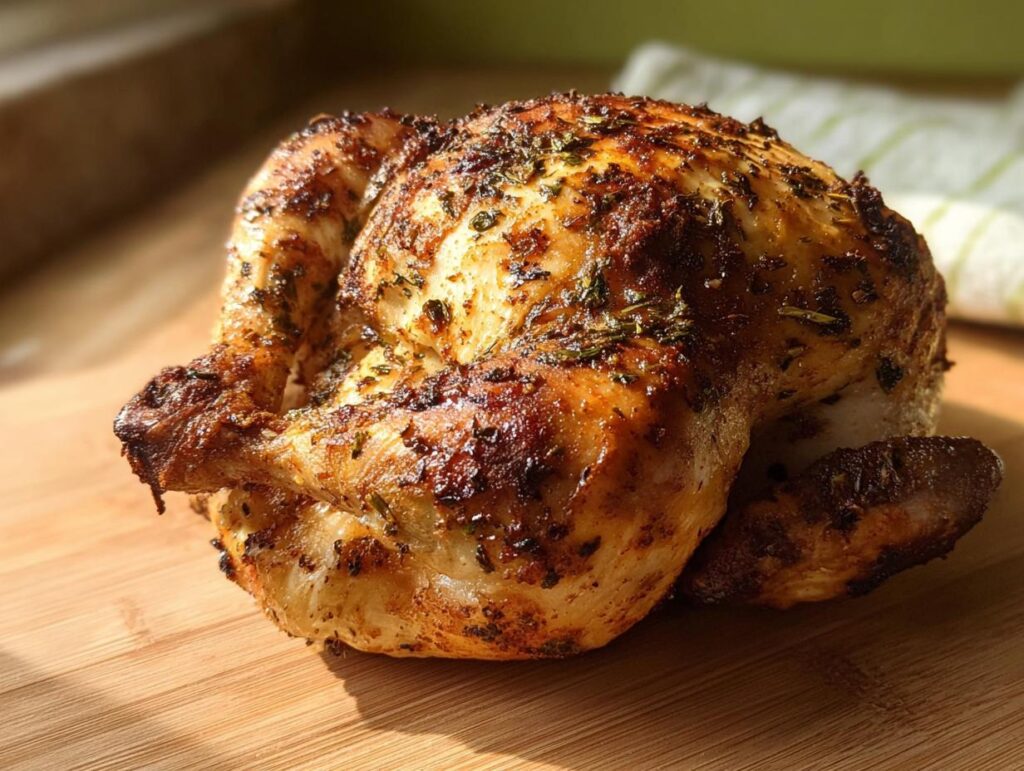 A perfectly roasted whole chicken seasoned with herbs, ready to be served. This is a key recipe in The Ultimate Air Fryer Chicken Recipes Guide for Beginners.