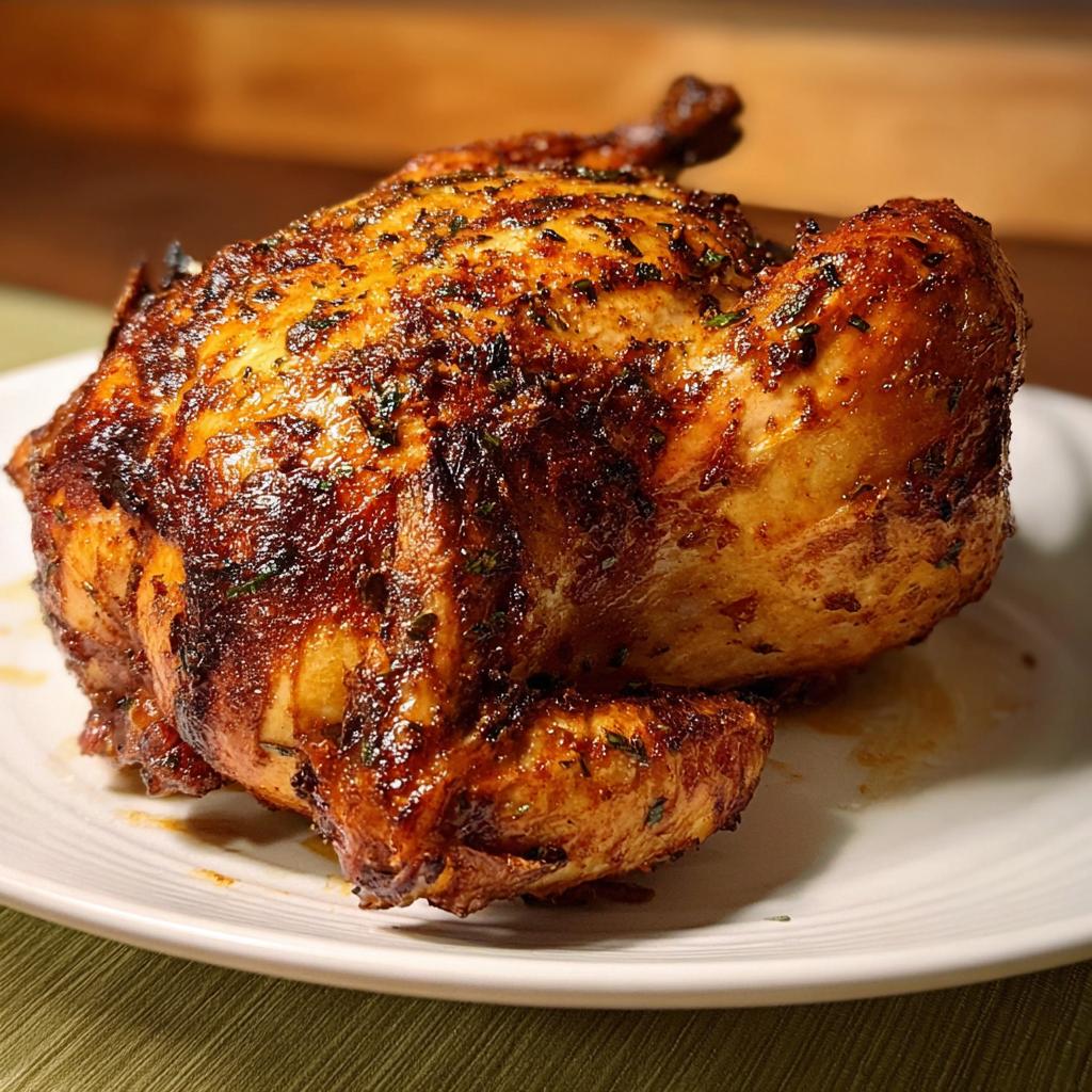 A perfectly cooked, golden-brown whole chicken in the air fryer, seasoned with herbs, ready to be served.