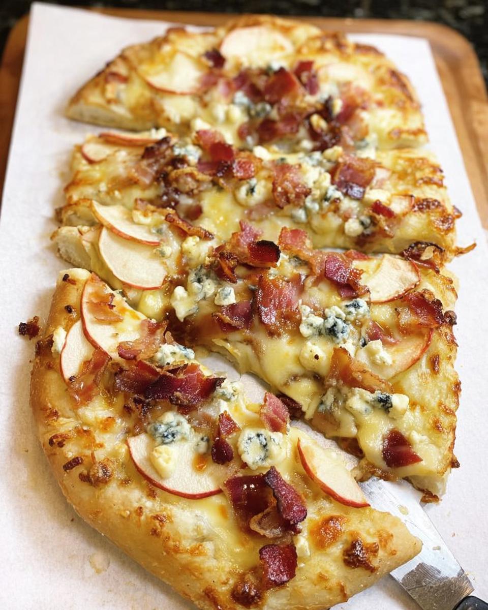 Close-up of a slice of apple, bacon, and blue cheese pizza, part of easy 10-ingredient pizza night recipes.