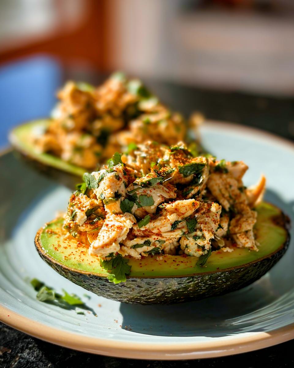 Two halves of avocado filled with shredded chicken salad, topped with herbs and spices. A quick and healthy sandwich idea.