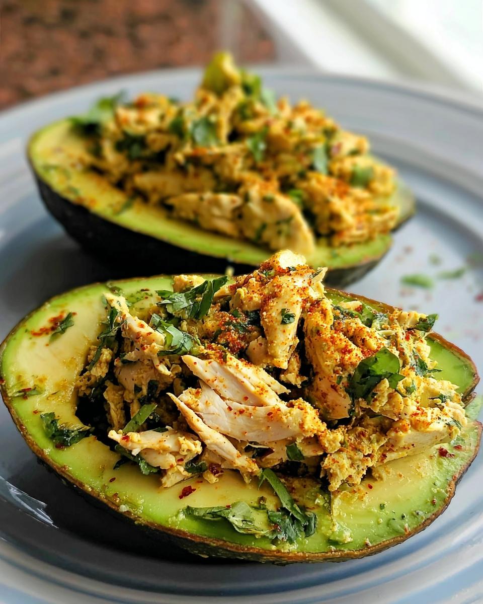 Two halves of an avocado filled with shredded chicken salad, herbs, and spices, perfect for quick sandwich ideas.
