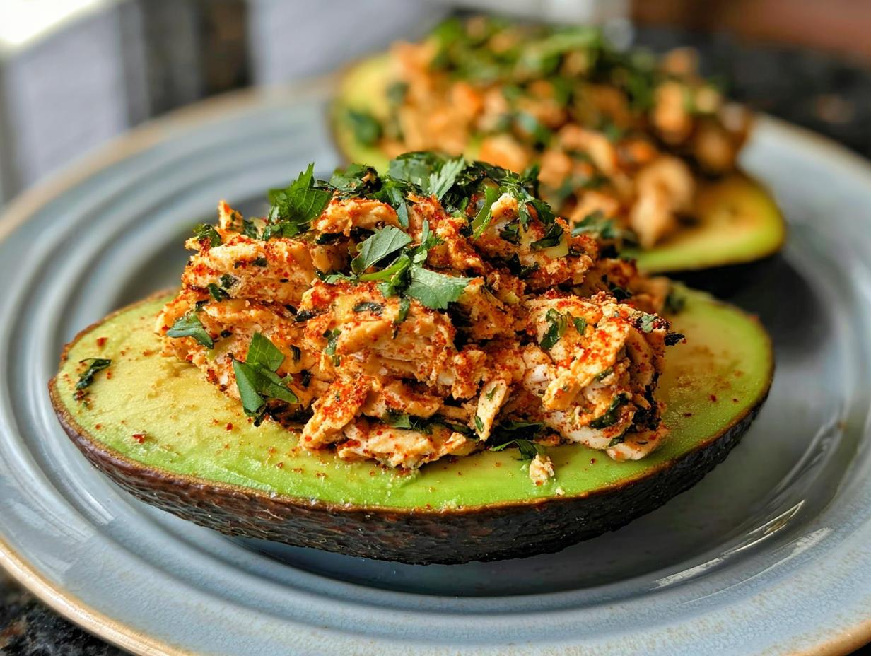 Two avocado halves filled with a savory chicken salad mixture, sprinkled with paprika and fresh herbs.