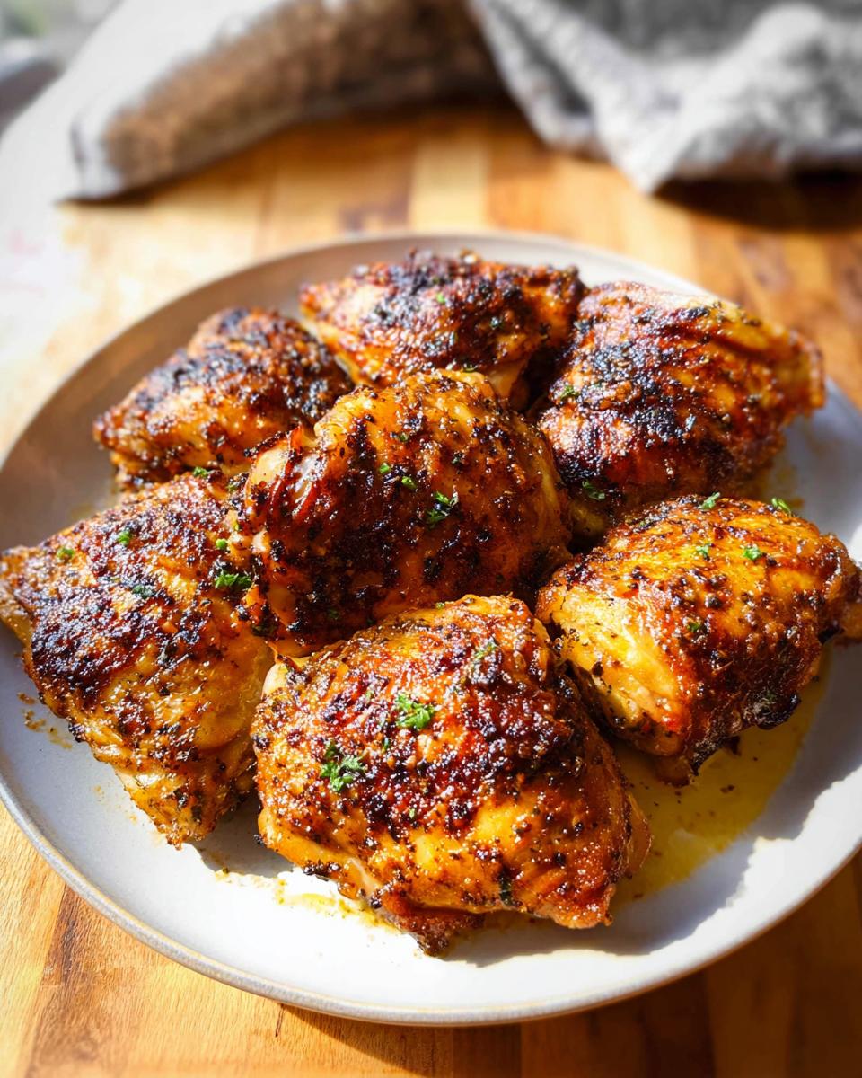 A plate of perfectly baked chicken thigh recipes, seasoned and garnished with fresh herbs.