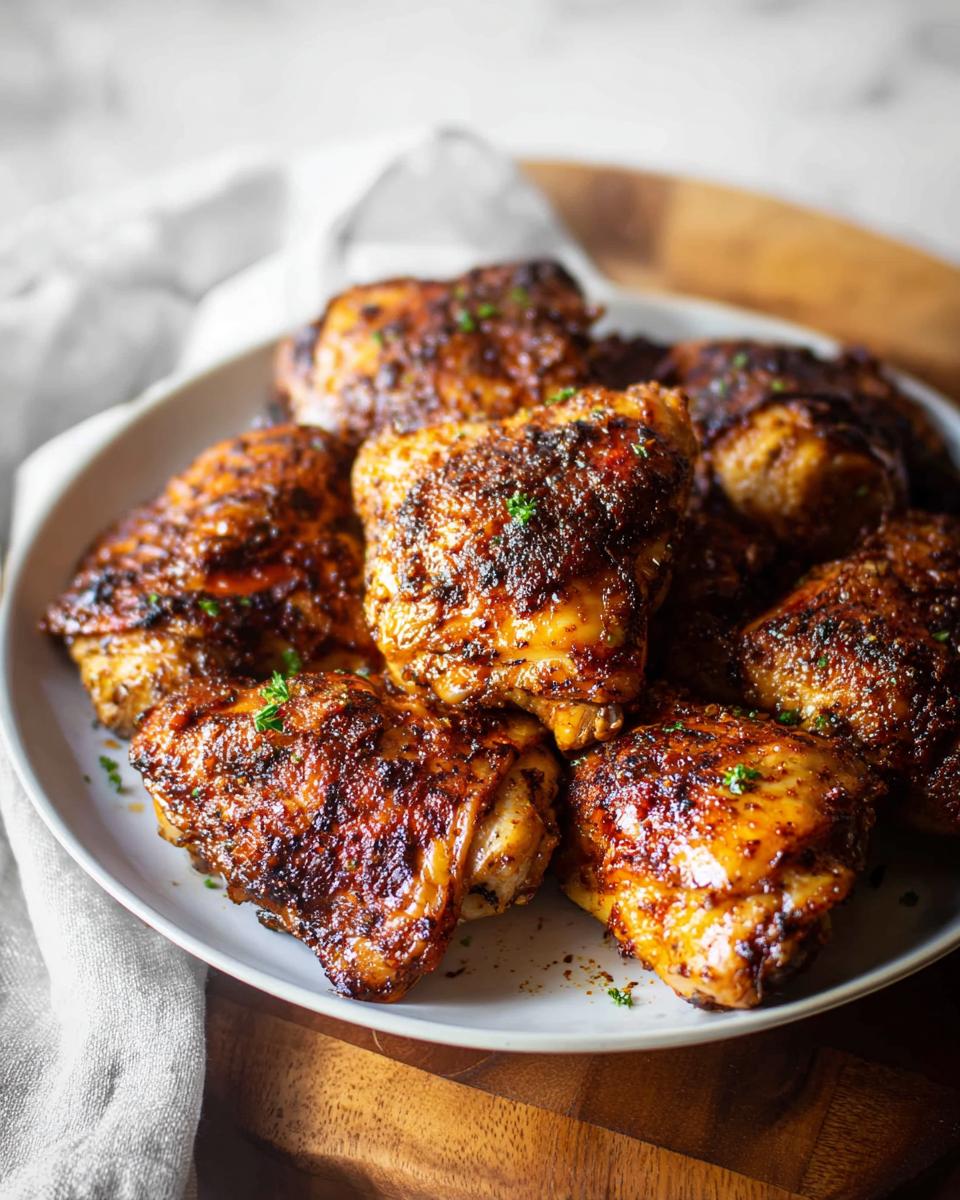A plate full of perfectly baked chicken thigh recipes, seasoned and slightly charred.