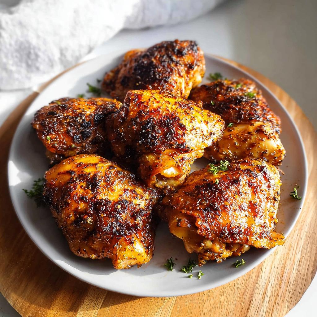 A plate of perfectly baked chicken thigh recipes, seasoned and garnished with fresh parsley.