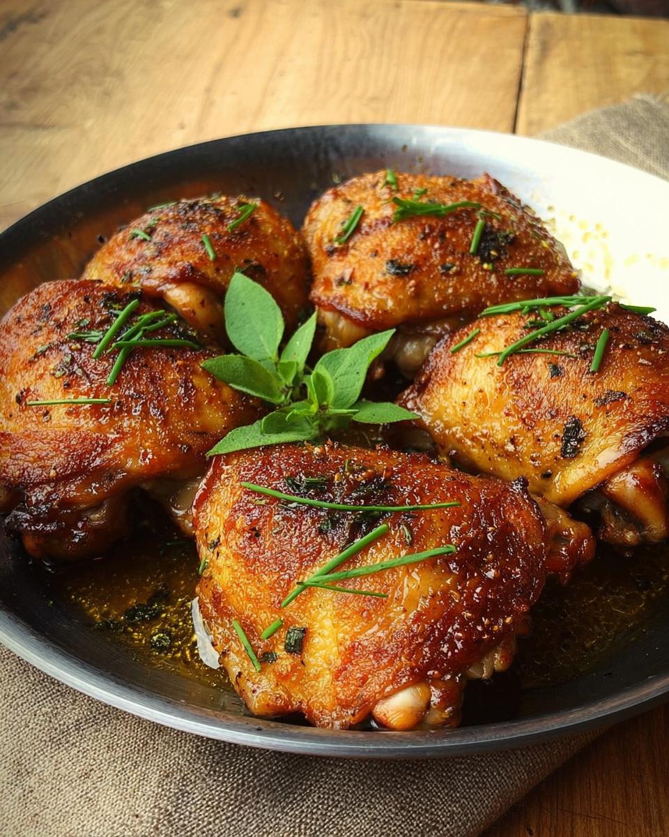 Close-up of perfectly baked chicken thighs with crispy skin, seasoned with herbs, a great option for chicken thigh recipes.