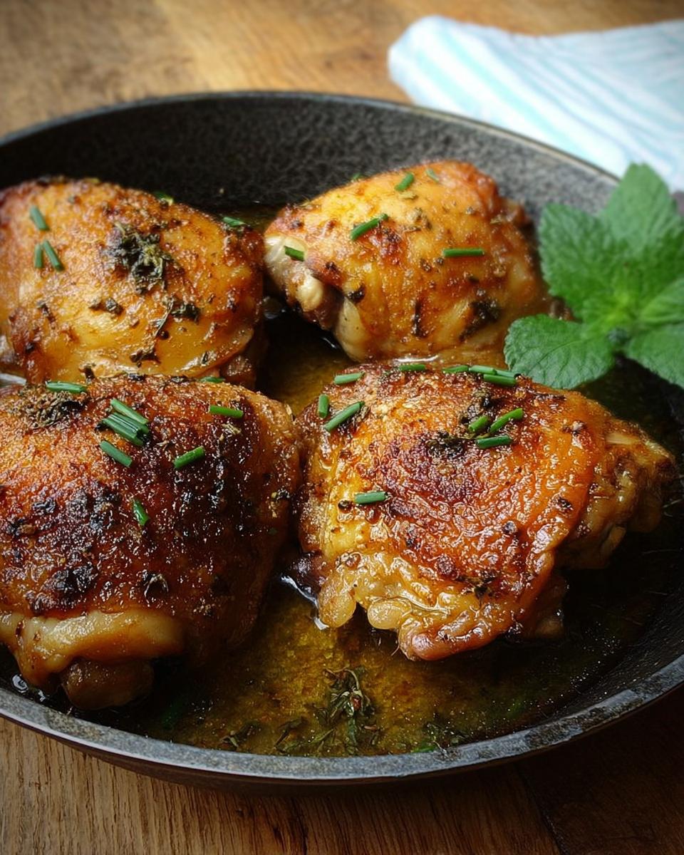 Close-up of four golden-brown baked chicken thighs in a pan with herb-infused sauce, garnished with chives.