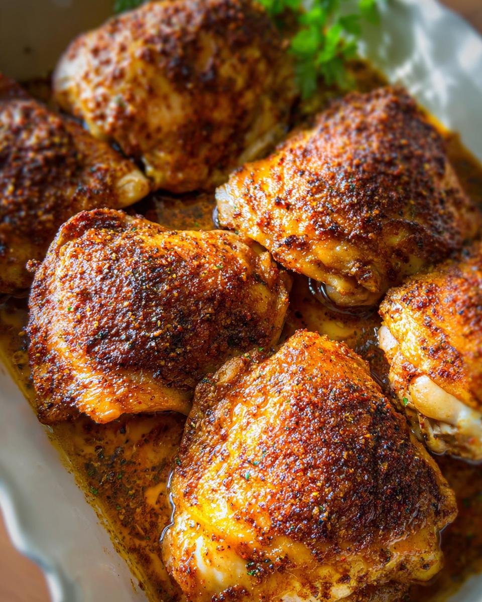 Close-up of perfectly baked chicken thighs with crispy skin and a flavorful spice rub, ready to serve.