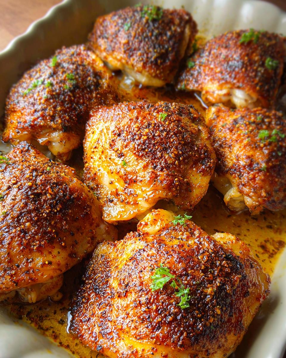 Close-up of perfectly baked chicken thighs with a crispy, seasoned skin, glistening in their own juices.