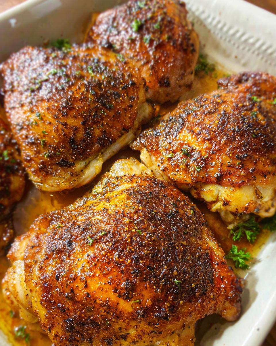 Close-up of juicy, golden-brown baked chicken thighs seasoned with herbs and spices, ready to serve.