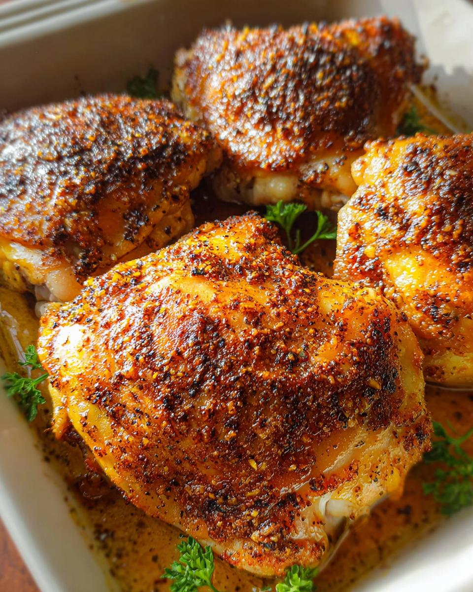 Close-up of four perfectly baked chicken thighs with crispy skin and a flavorful spice rub, garnished with parsley.