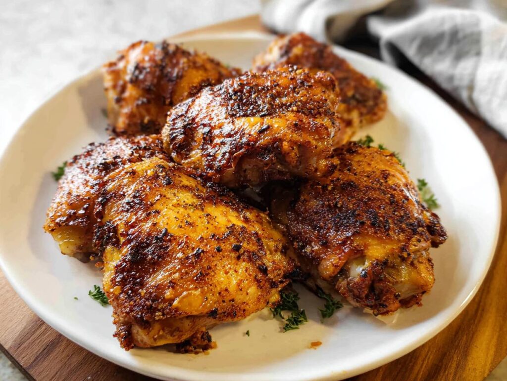 A plate of perfectly baked chicken thighs, seasoned and garnished with parsley. The Only Chicken Thigh Recipes Recipe You’ll Need.