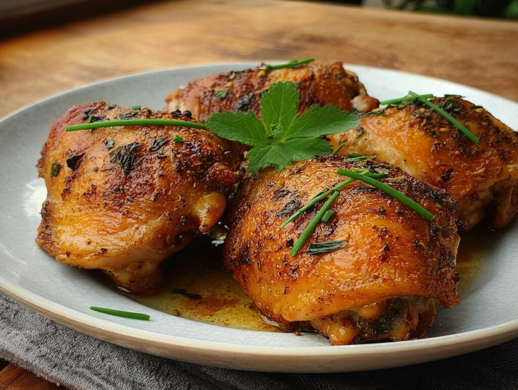 Close-up of four perfectly baked chicken thighs, seasoned and garnished with fresh herbs.