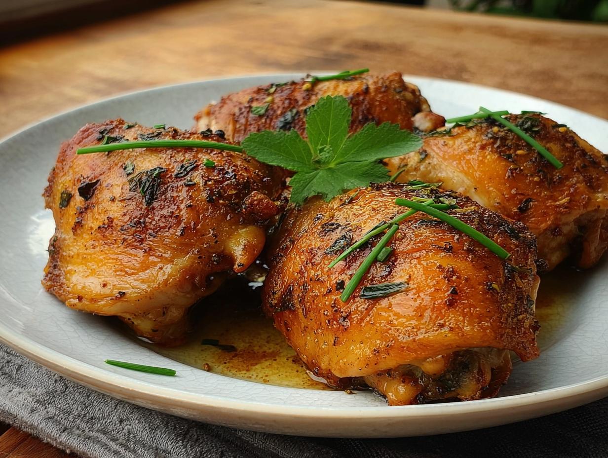 Close-up of four perfectly baked chicken thighs, seasoned and garnished with fresh herbs.