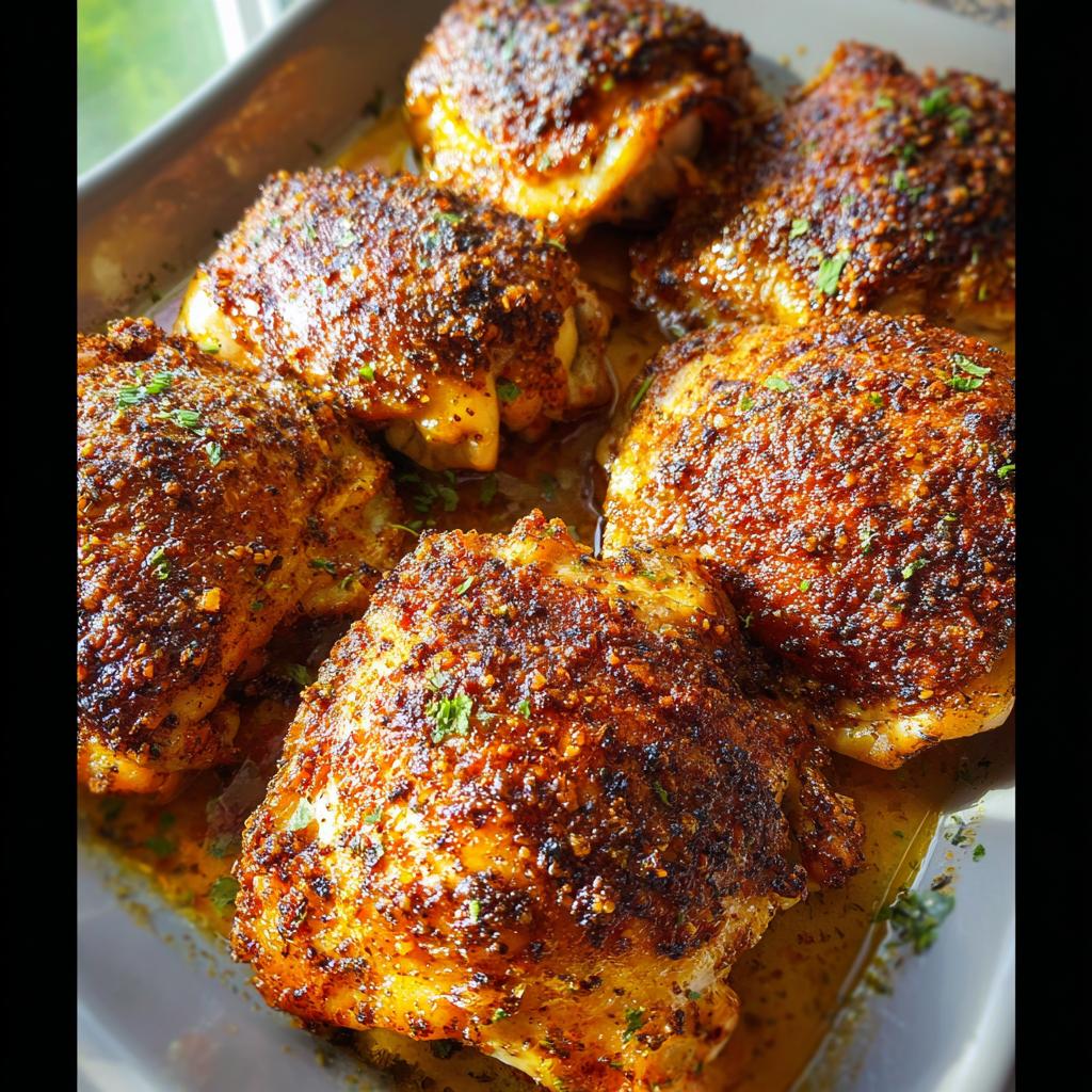 Close-up of perfectly baked chicken thighs with a crispy, seasoned crust in a baking dish.